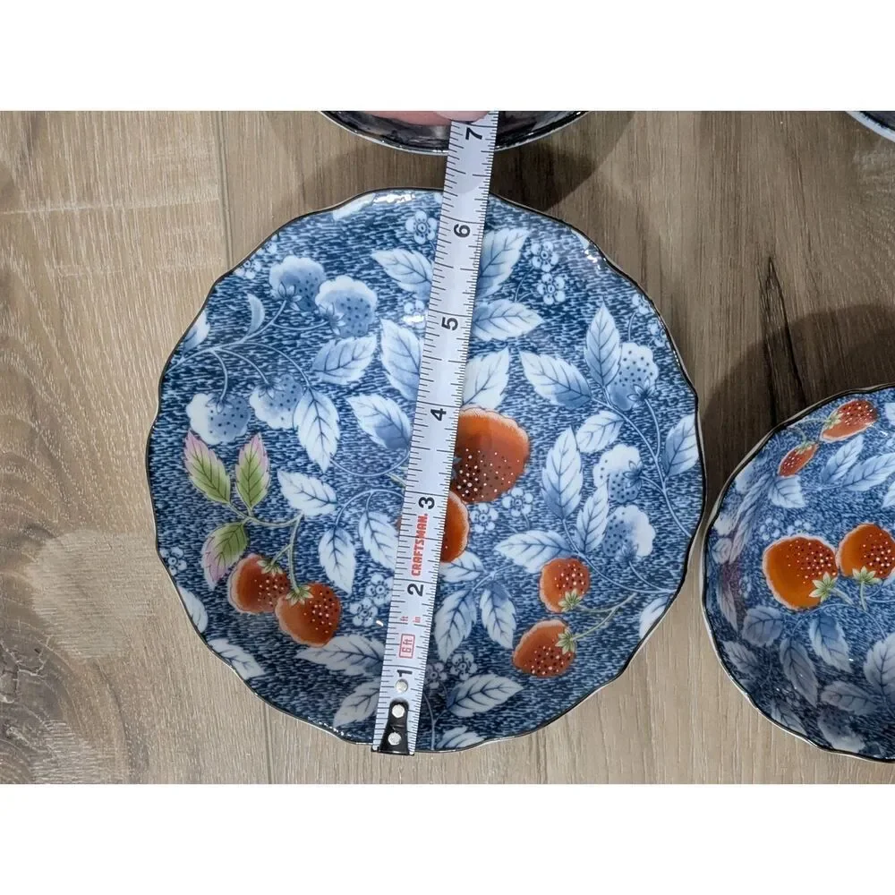 VTG Andrea by Sadek Blue White Floral Strawberry Porcelain Bowl Set of 4 Japan